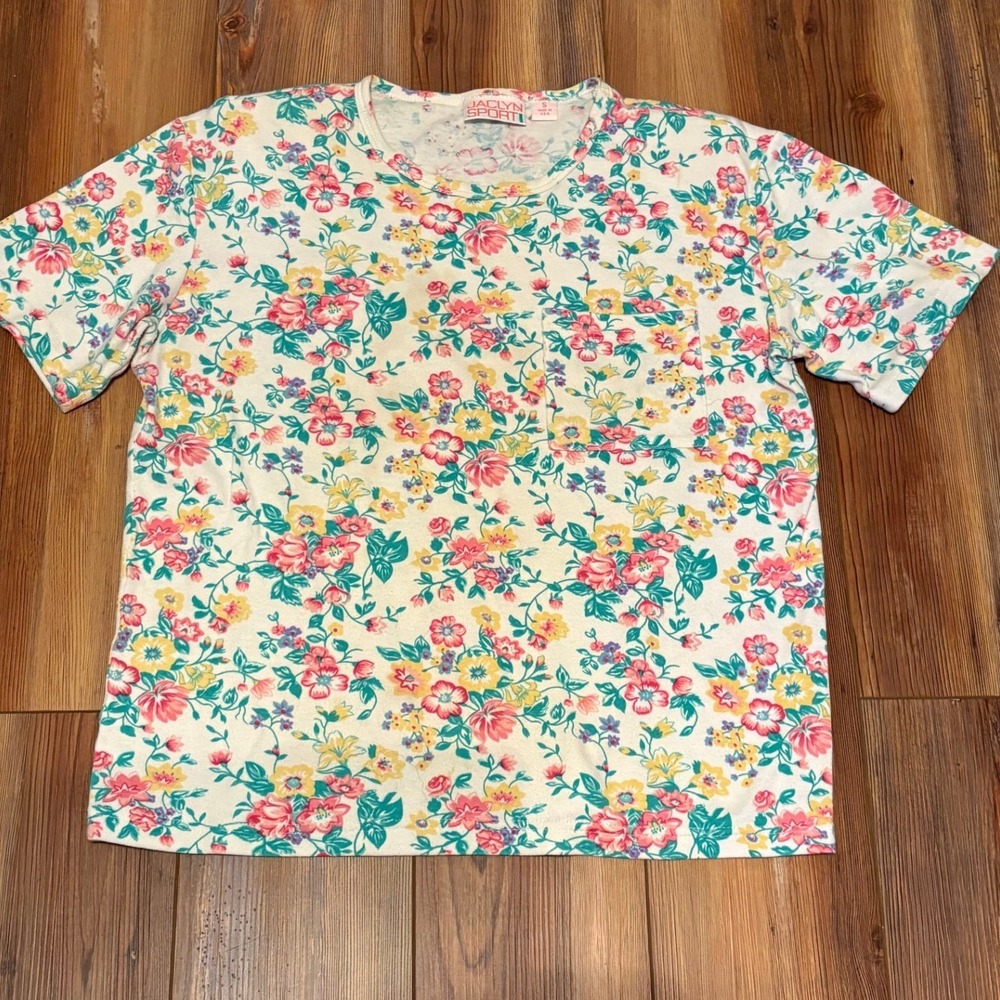 Jaclyn Sport Vintage Floral Pocket T-Shirt Womens Small Pink Yellow Made in USA